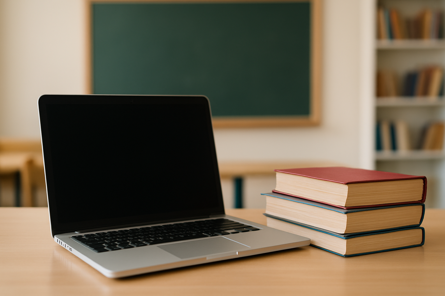 A laptop and stack of books on a desk in a classroom setting.